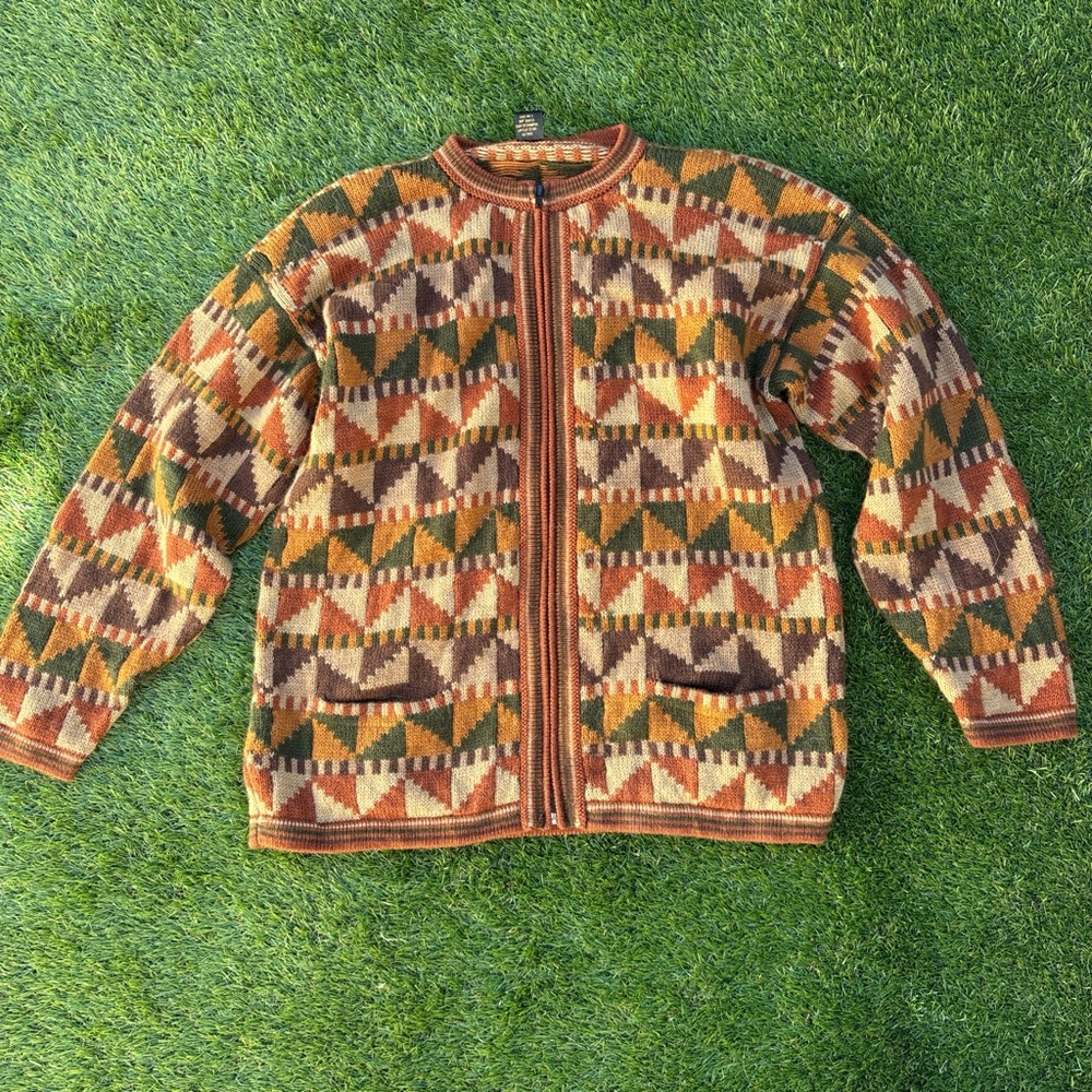 Vintage 100% Alpaca Geometric Pattern Zip Cardigan in Rust, Olive & Cream
